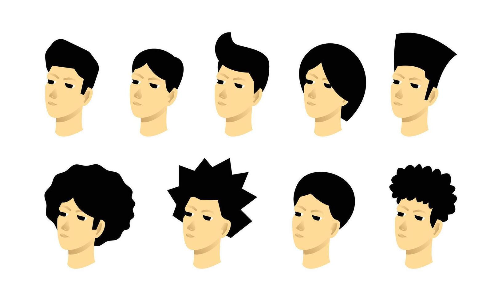 Male hairstyle design bundle. Short, long, straight, curly, spiky, hair model template. vector