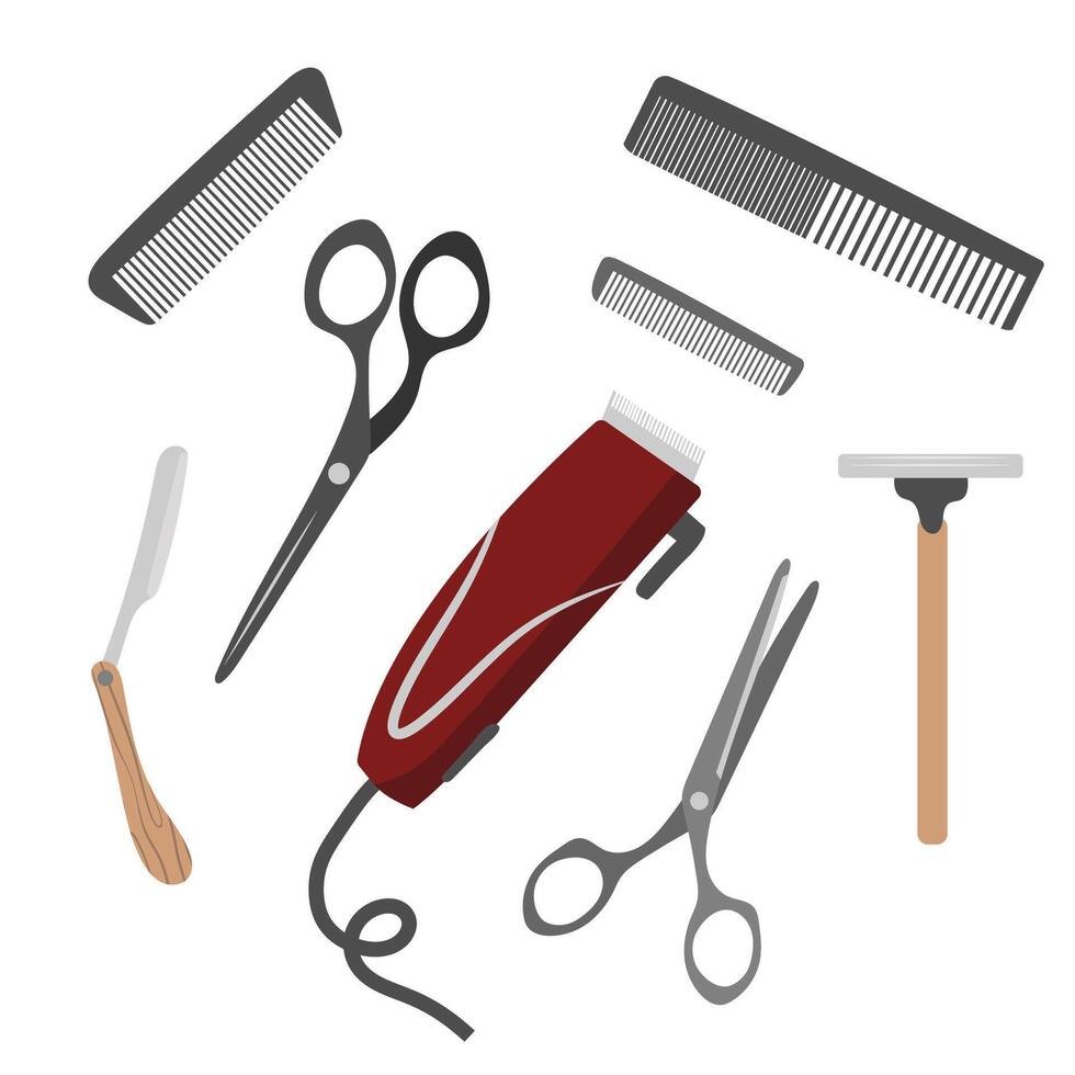Barber Tools Set Illustration Clippers, Scissors, Razors, and Combs for Haircuts and Grooming vector
