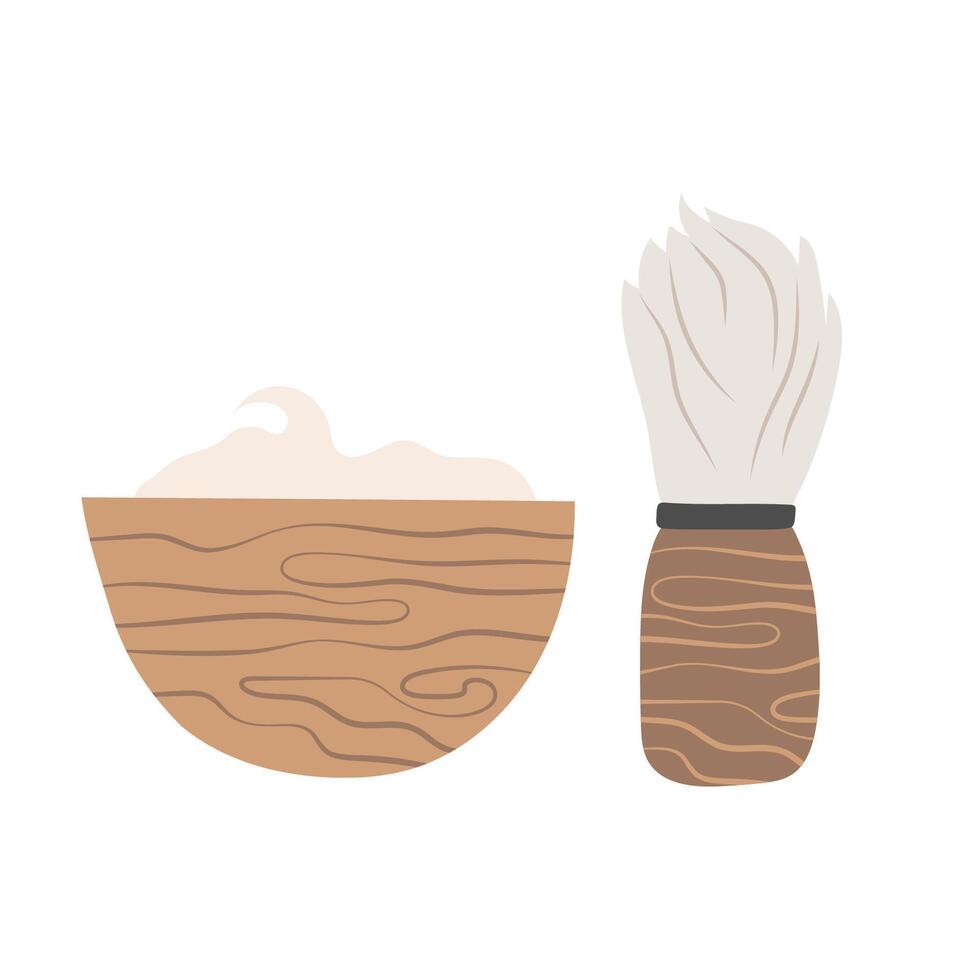 Wooden Shaving Set with Brush and Bowl Illustration for Grooming Essentials vector
