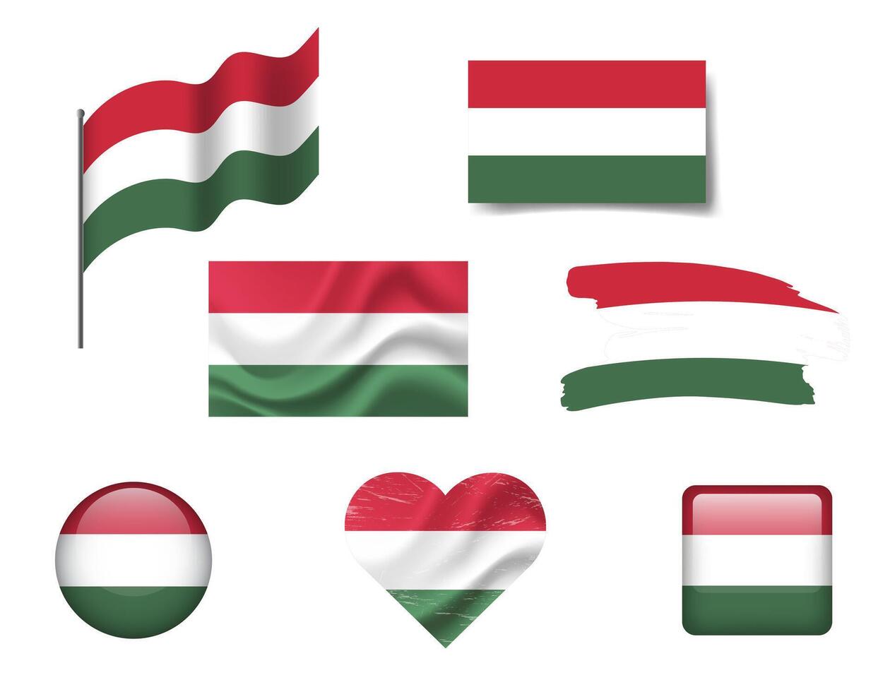 Hungary flag set of icons. flag of Hungary, symbol. Set of hungarian flags brush, button, waved, heart. vector