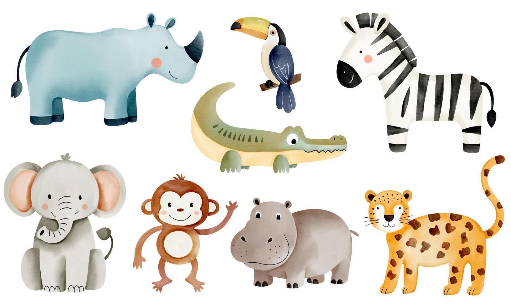 Wild jungle animals. Watercolor african zebra, elephant, leopard, monkey, toucan. Hand drawn safari animals set. vector
