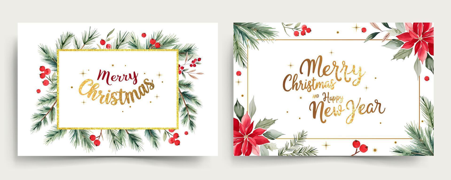 Horizontal watercolor frames with branches of christmas tree and golden lettering. Merry Christmas cards vector