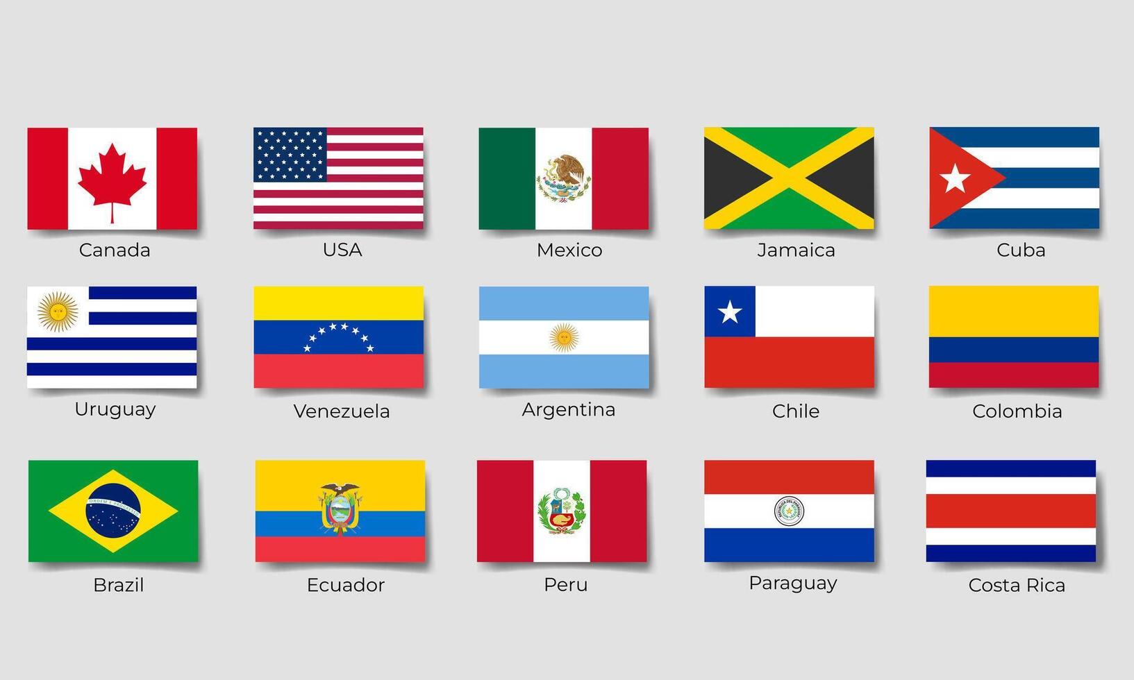 American flags with shadows. Rectangle america flags flat icons. Mexico, Ecuador, Peru, Brazil vector