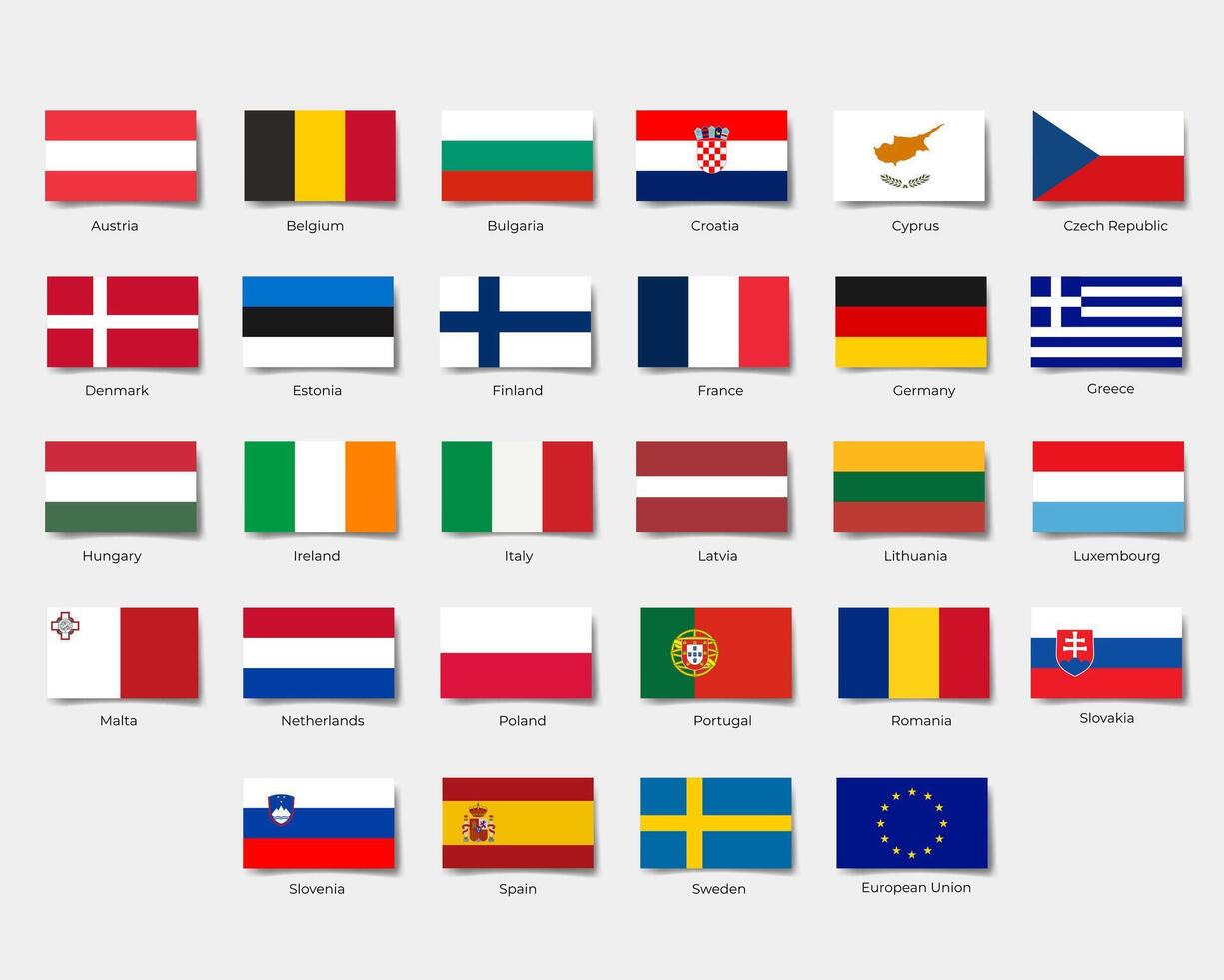 European union flags with shadows. Rectangle EU flags, buttons. vector