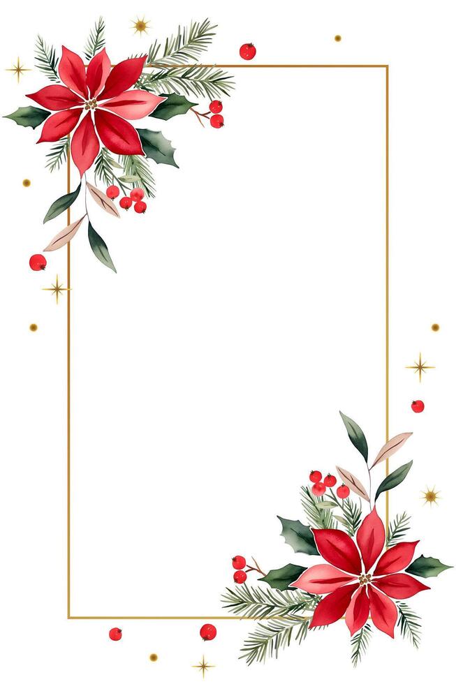 Christmas frame with watercolor fir branches, christmas flower and place for text. Xmas botanical card. vector