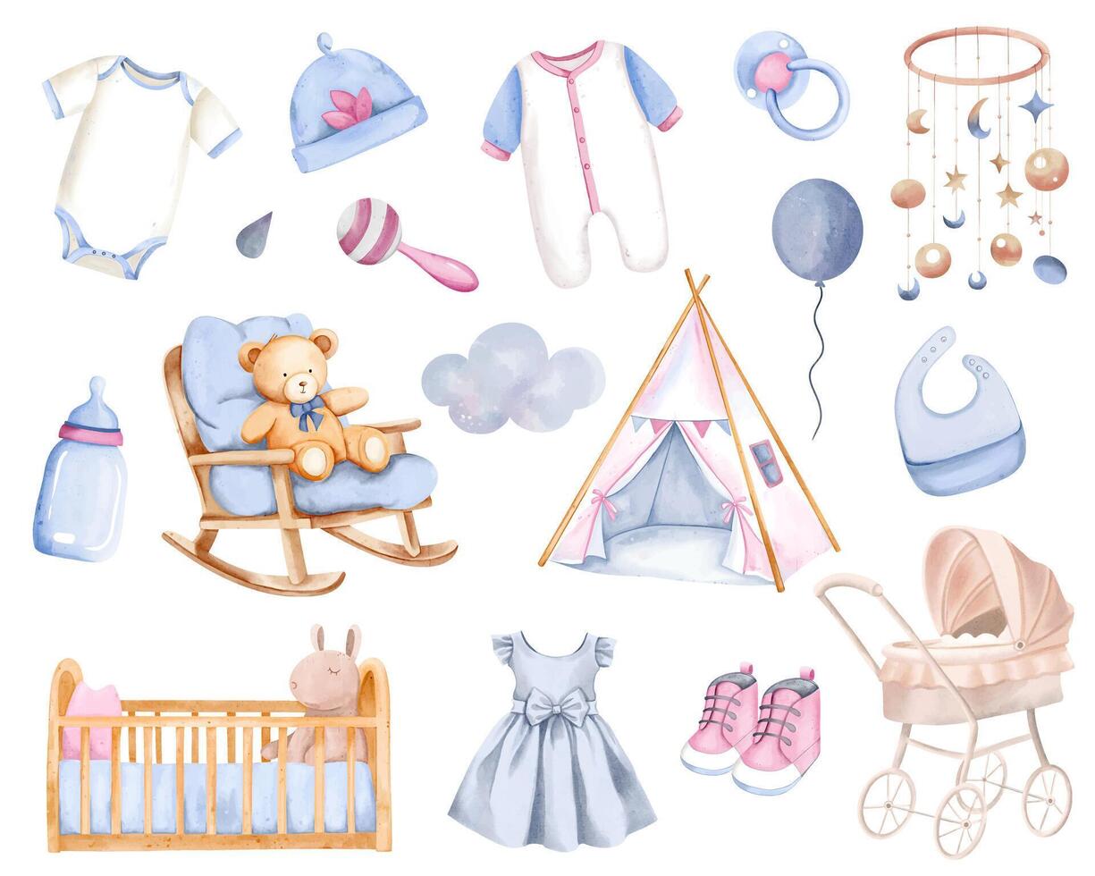 Watercolor baby accessories and toys. Hand drawn nursery set in pastel colors. Clothes, furniture, milk bottle vector