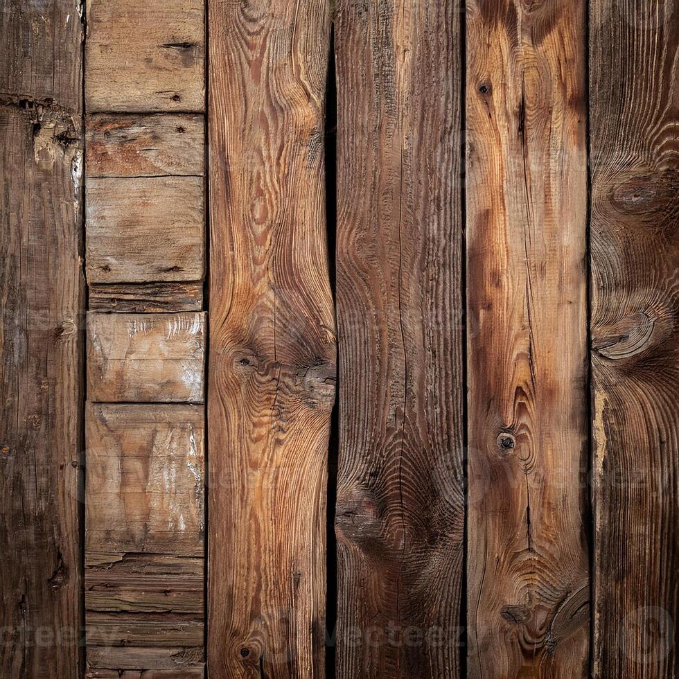 Old wooden wall background with many different types of wood photo