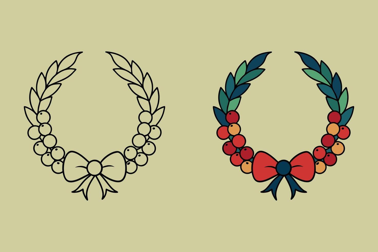 Christmas Wreath Design with Bow and Berries for Coloring Book vector