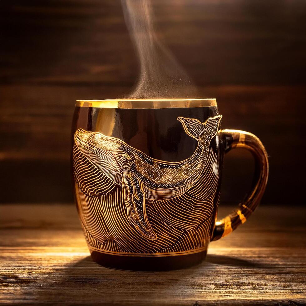 A coffee cup with a whale design on it photo
