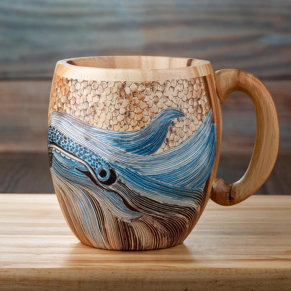 A coffee mug with a whale design on it photo