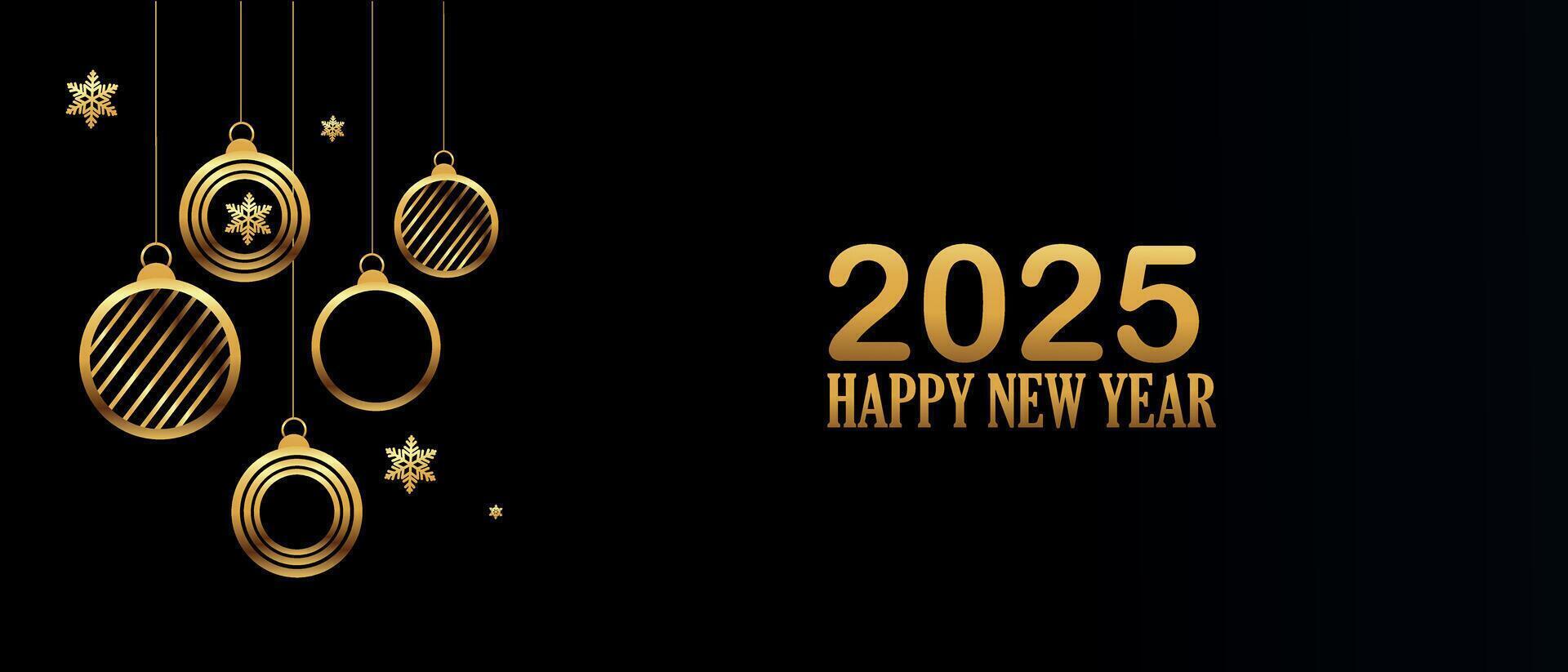 Minimalist 2025 New Year greeting card with hanging gold ornaments and snowflakes on dark black background vector