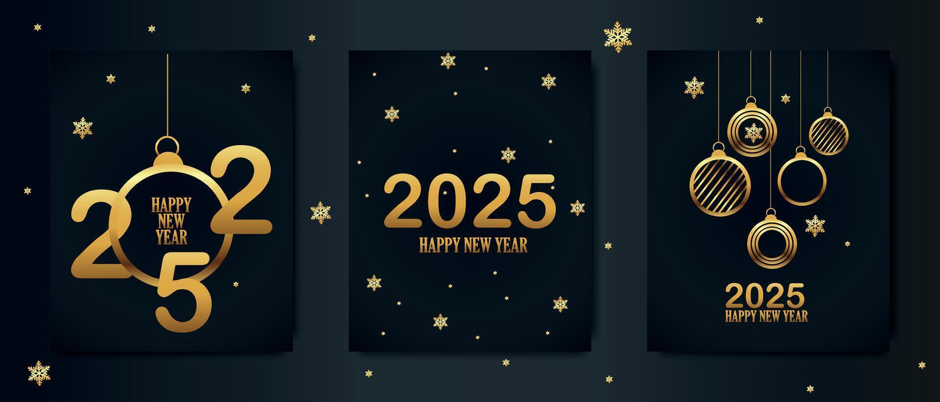 Luxurious New Year 2025 greeting card set with gold ornaments, snowflakes, and dark backgrounds for festive celebrations vector