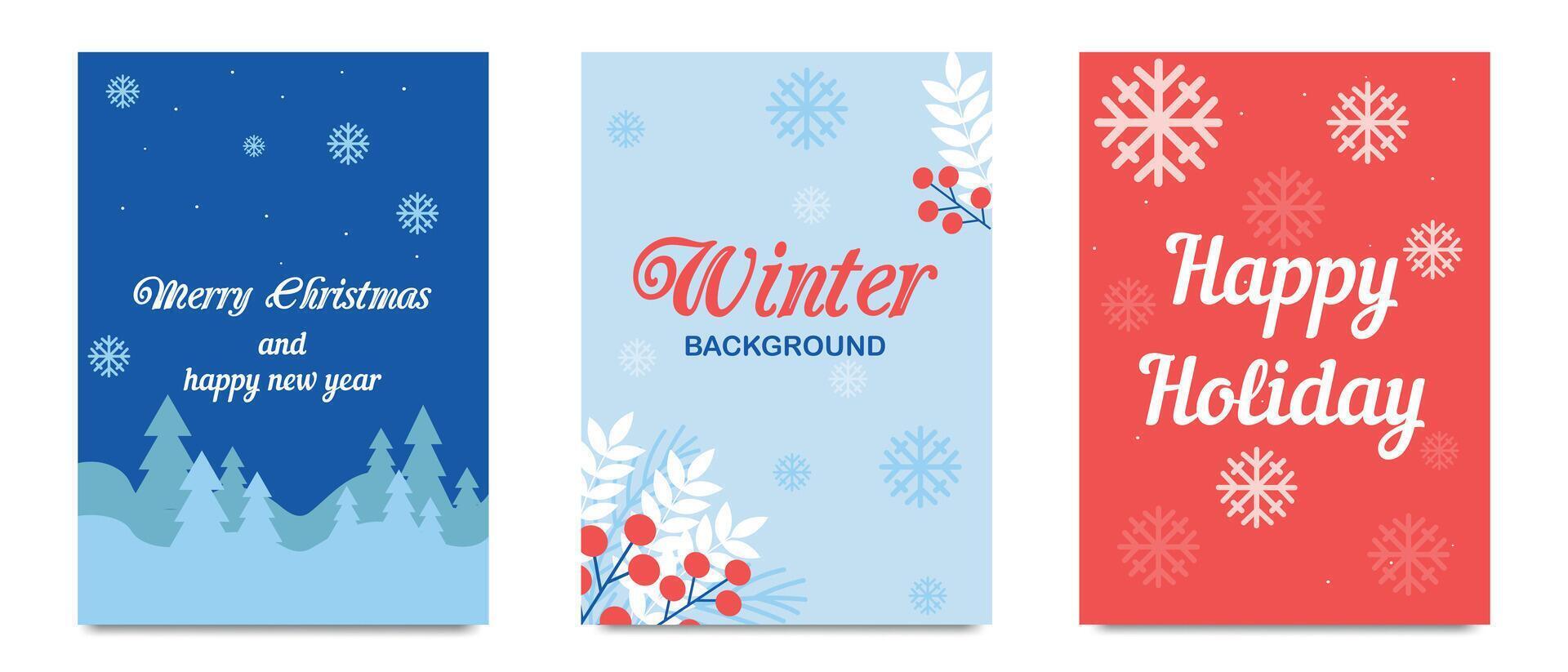 Collection of holiday greeting templates featuring winter scenes, snowflakes, and festive wishes for Christmas and New Year vector