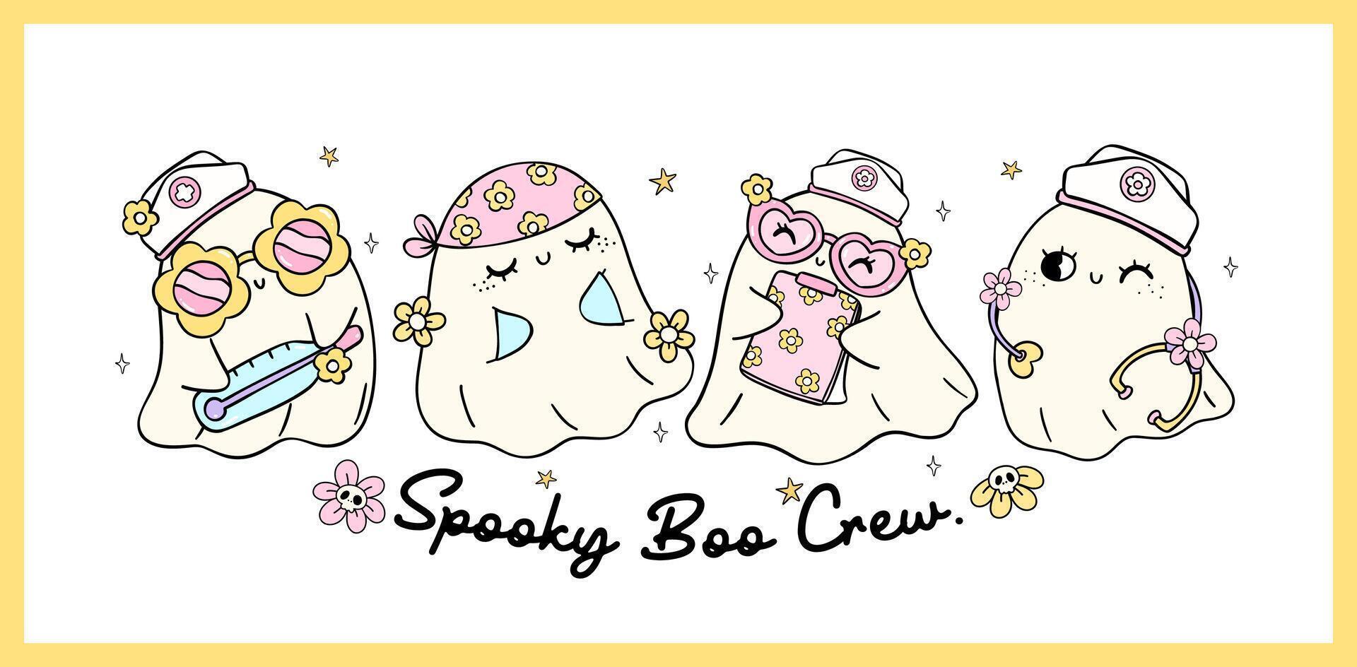 Cute Ghost Halloween Nurse Boo Crew banner Pastel medical nurse life collection doodle idea for T Shirt Sublimation Design vector
