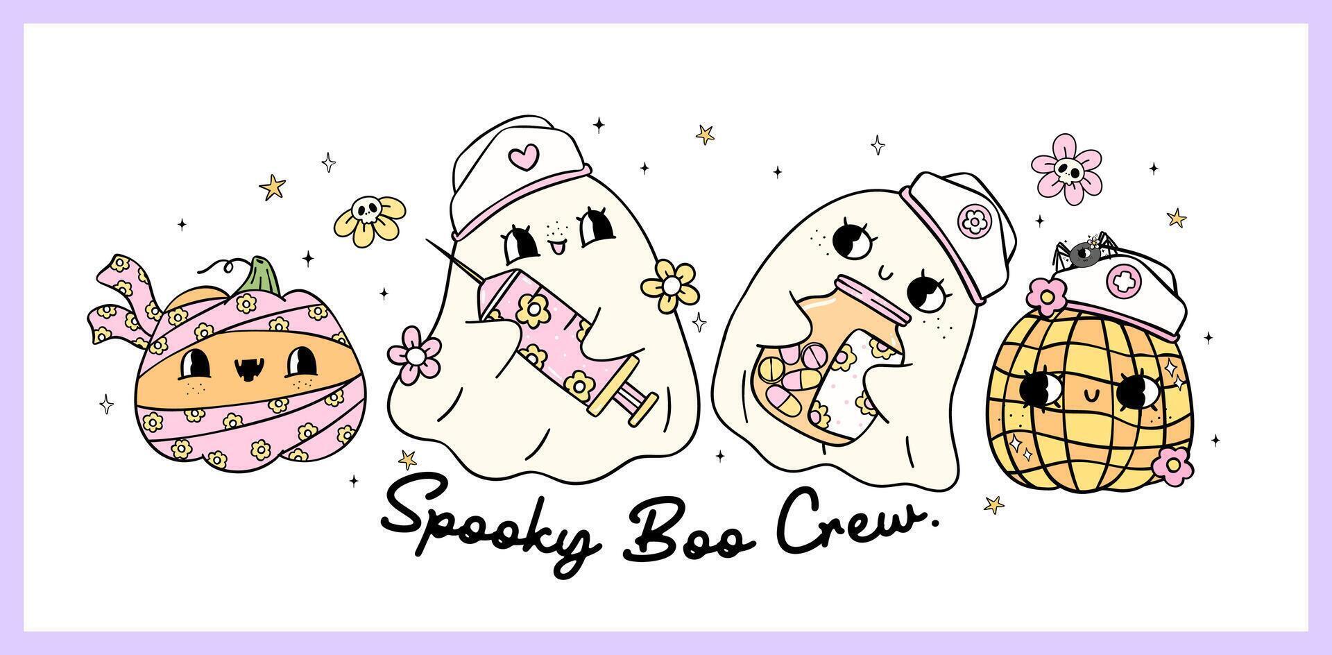 Cute Ghost Halloween Nurse Boo Crew Pastel medical nurse life Doodle idea for Banner and T Shirt Sublimation Design vector