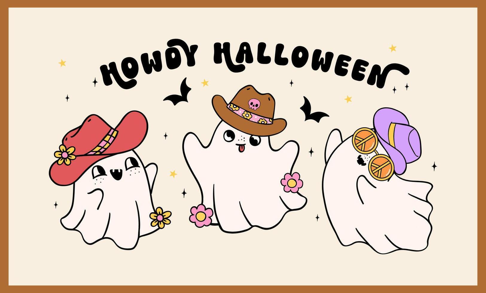 Cowboy Hallowween Ghosts retro groovy Howdy western banner doodle drawing vector