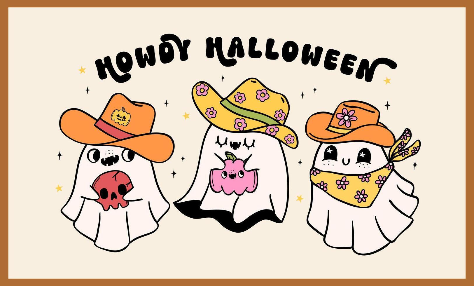 Western Hallowween Cowboy Ghosts retro groovy Howdy western banner doodle drawing vector