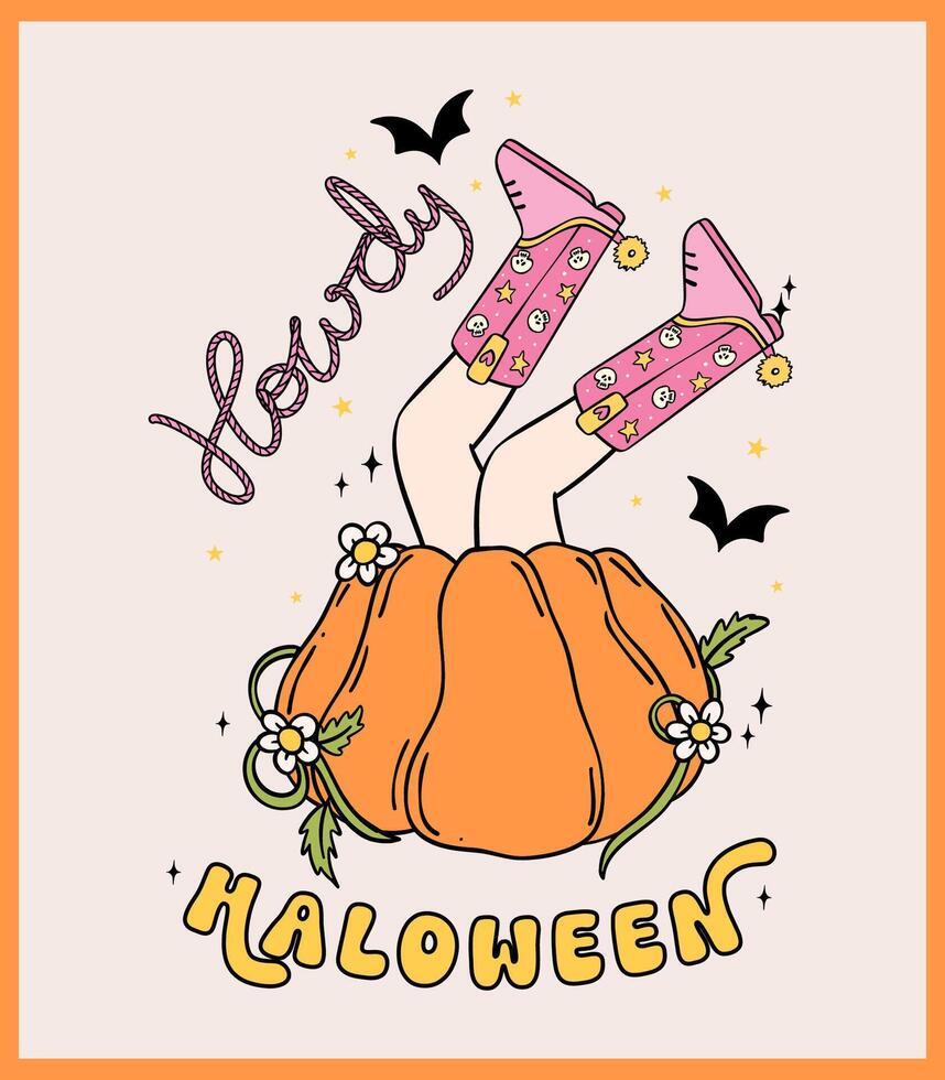 Cowboy Halloween retro groovy doodle with cowgirl boots legs in a pumpkin. vector