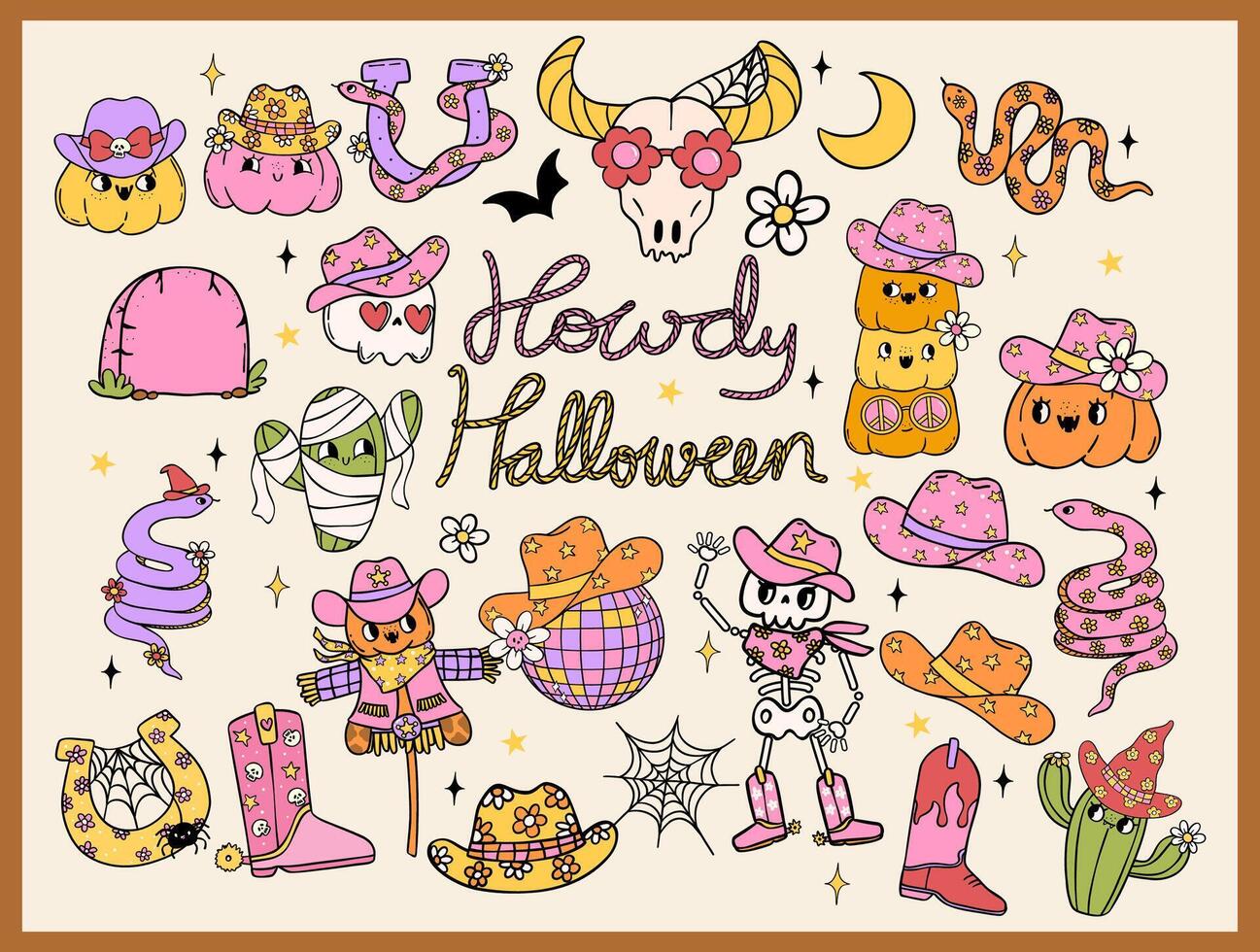 Cowboy Hallowween retro groovy Howdy western sticker element set doodle drawing vector