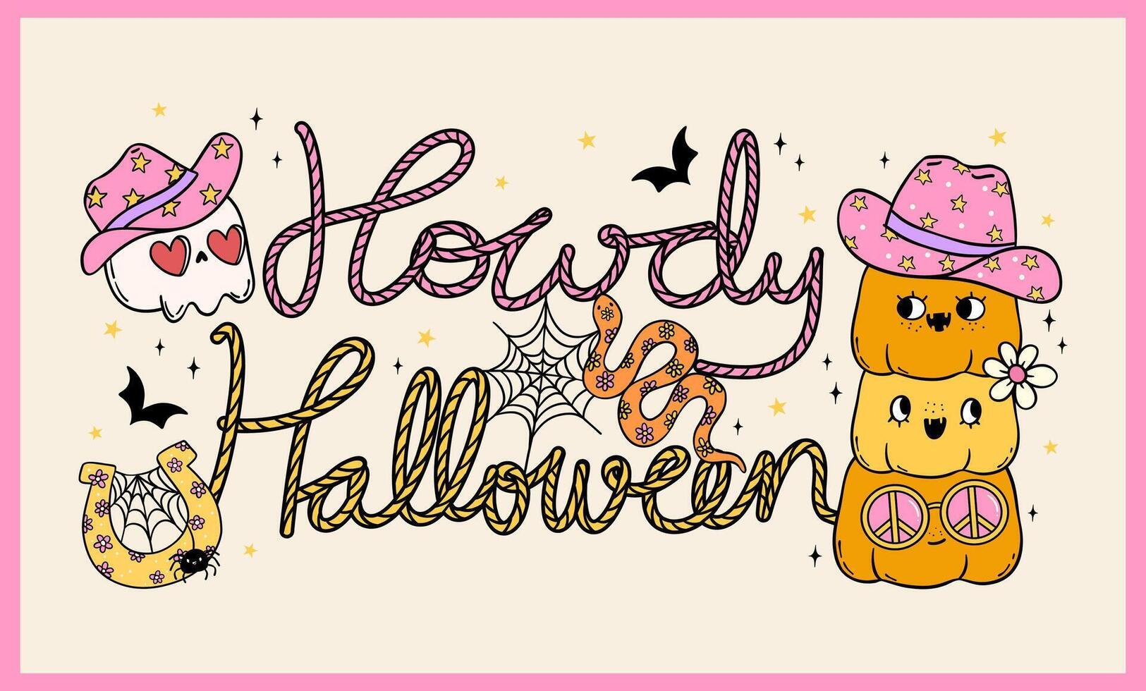 Cowboy Hallowween retro groovy Howdy western banner doodle drawing vector