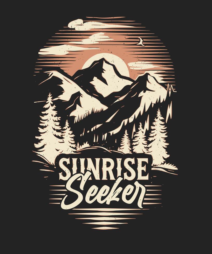 Fully editable Sunrise Seeker Adventure T-Shirt Design in EPS 10 format, perfect for T Shirts, mugs, bags, and more. It has a high 4500x5400 px and is customizable for personal and commercial use. vector