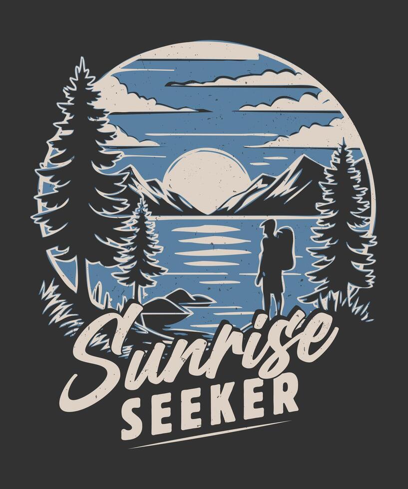 Fully editable Sunrise Seeker Most Adventure T-Shirt in EPS 10 format, perfect for T Shirts, mugs, bags, and more. It has a high 4500x5400 px and is customizable for personal and commercial use. vector