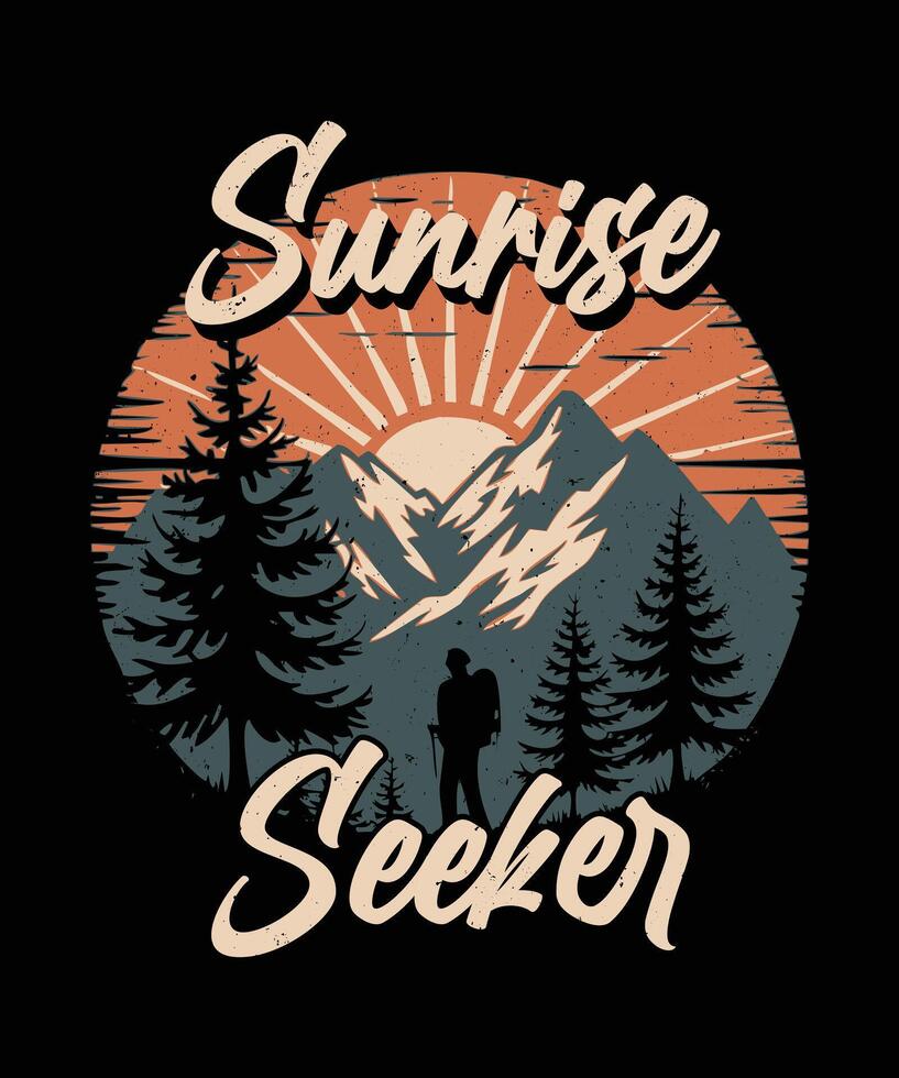 Fully editable Sunrise Seeker Adventure Lover T-Shirt in EPS 10 format, perfect for T Shirts, mugs, bags, and more. It has a high 4500x5400 px and is customizable for personal and commercial use. vector