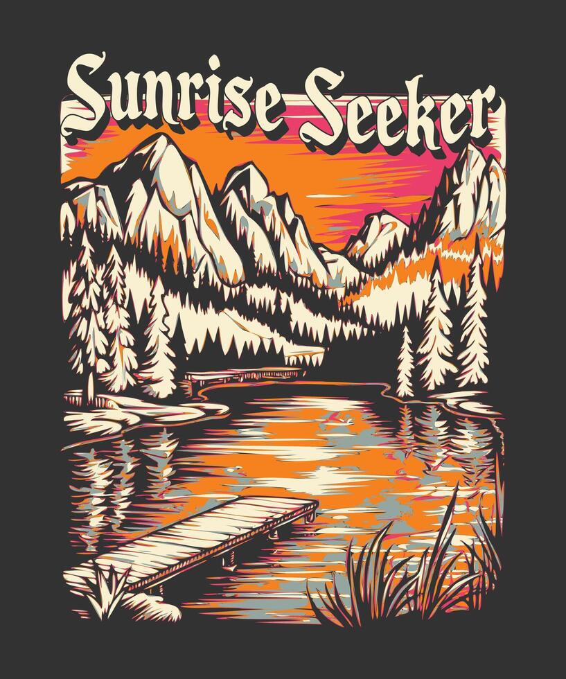 Fully editable Seeker on Sunrise Adventure T-Shirt Design in EPS 10 format, perfect for T Shirts, mugs, bags, and more. It has a high 4500x5400 px and is customizable for personal and commercial use. vector