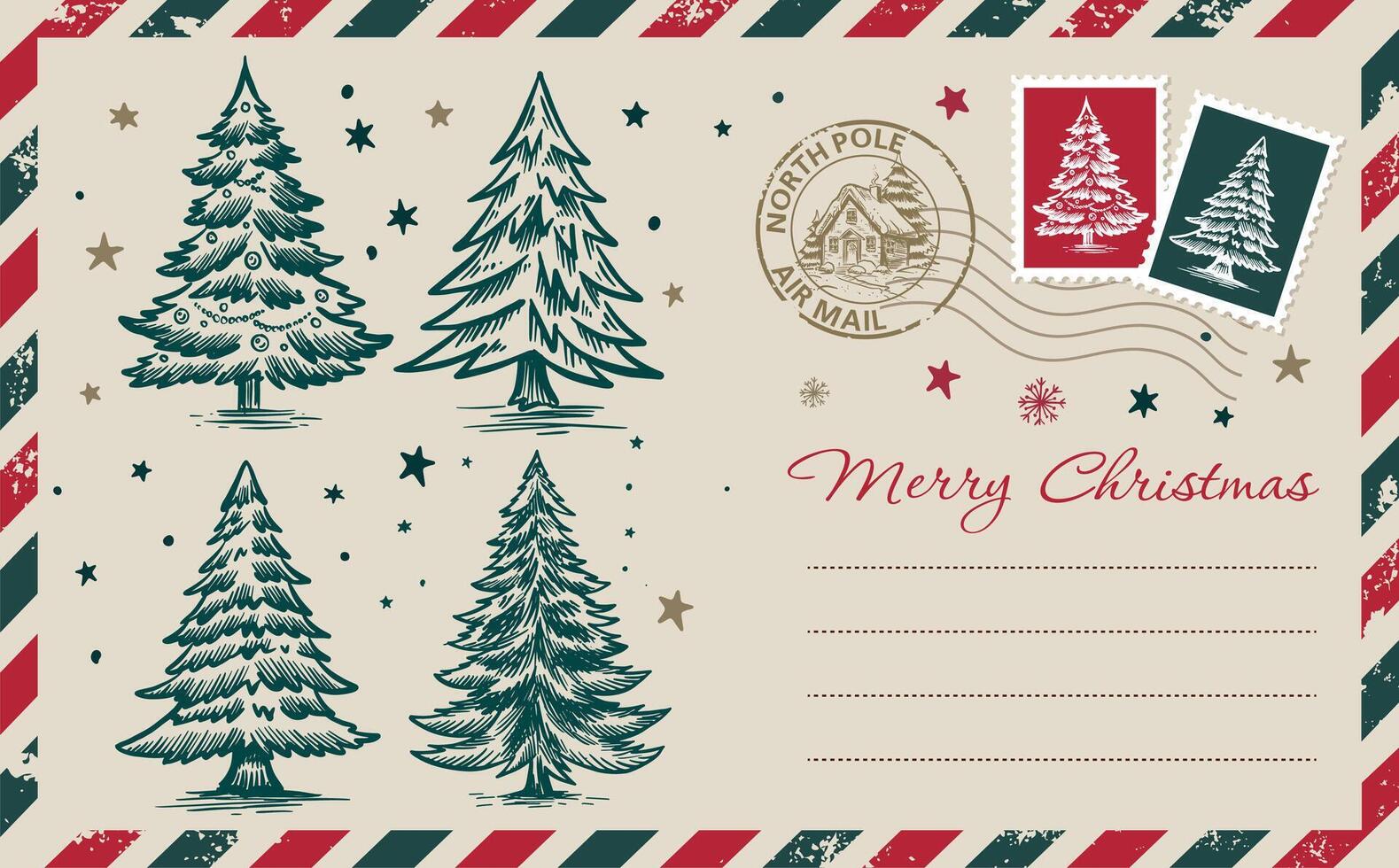 Christmas card with tree, postcard, hand drawn illustration. vector