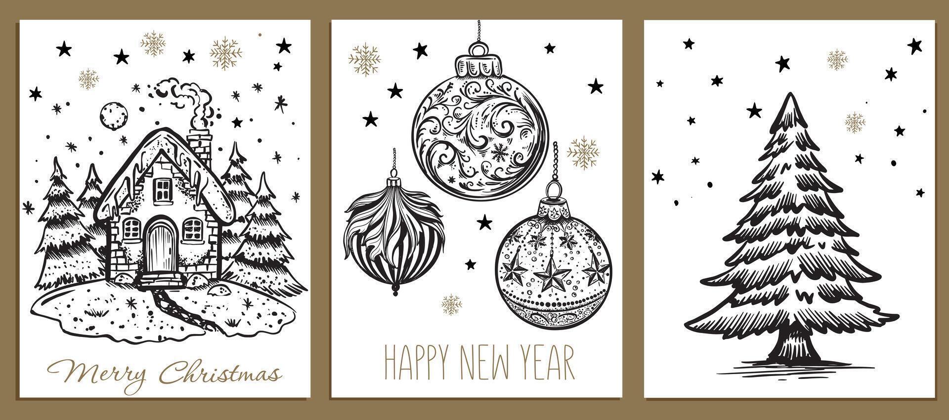 Christmas set with tree, house, ball in sketch style. Hand drawn illustration. vector