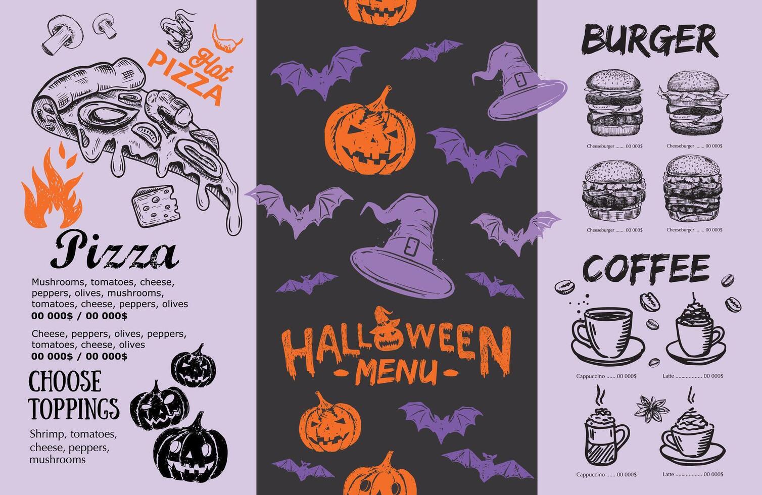 Halloween menu, hand drawn illustrations. vector