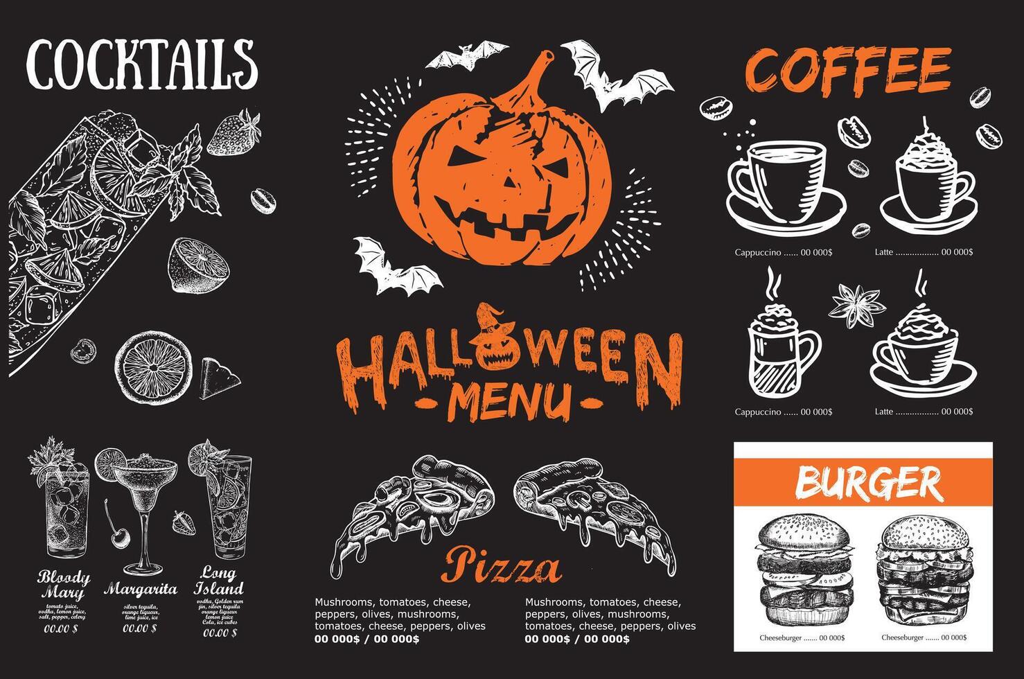 Halloween menu on black background, hand drawn illustrations. vector