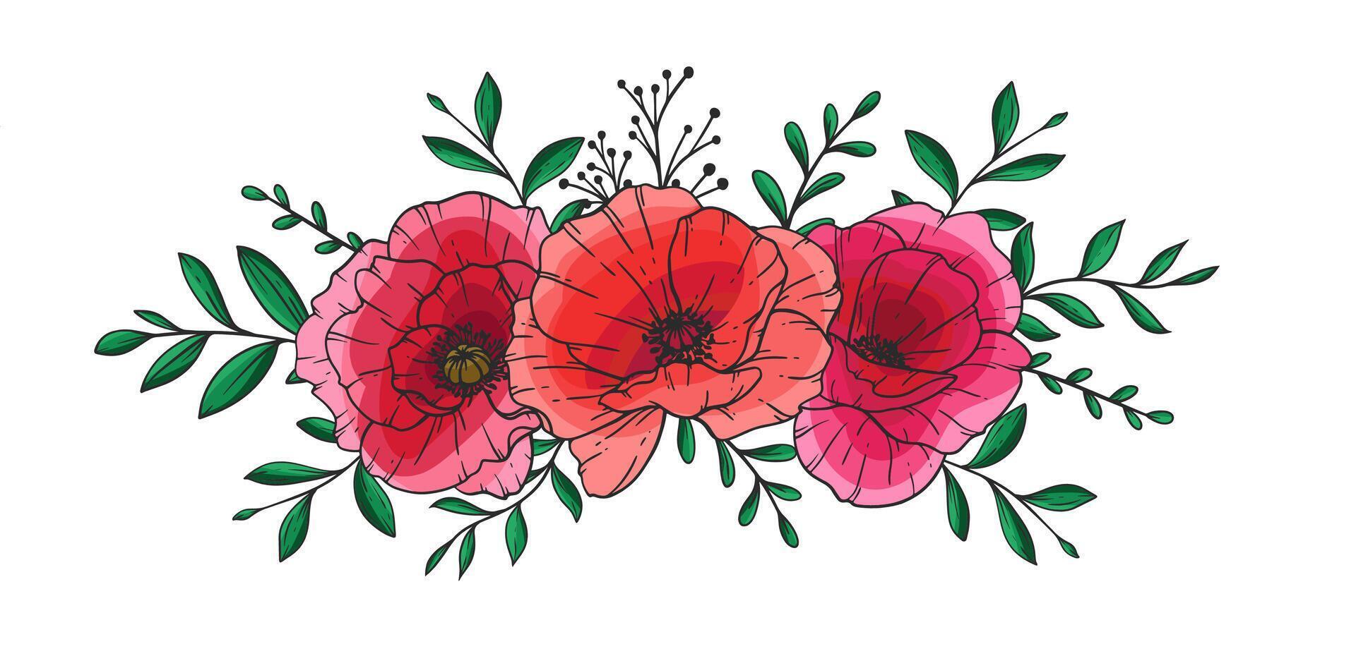Poppy Flower Illustration on white. Red Poppies on white background. Remembrance day design. Botanical Background trendy colorful wildflowers. Hand drawn floral background template. Poppy with leaves. vector