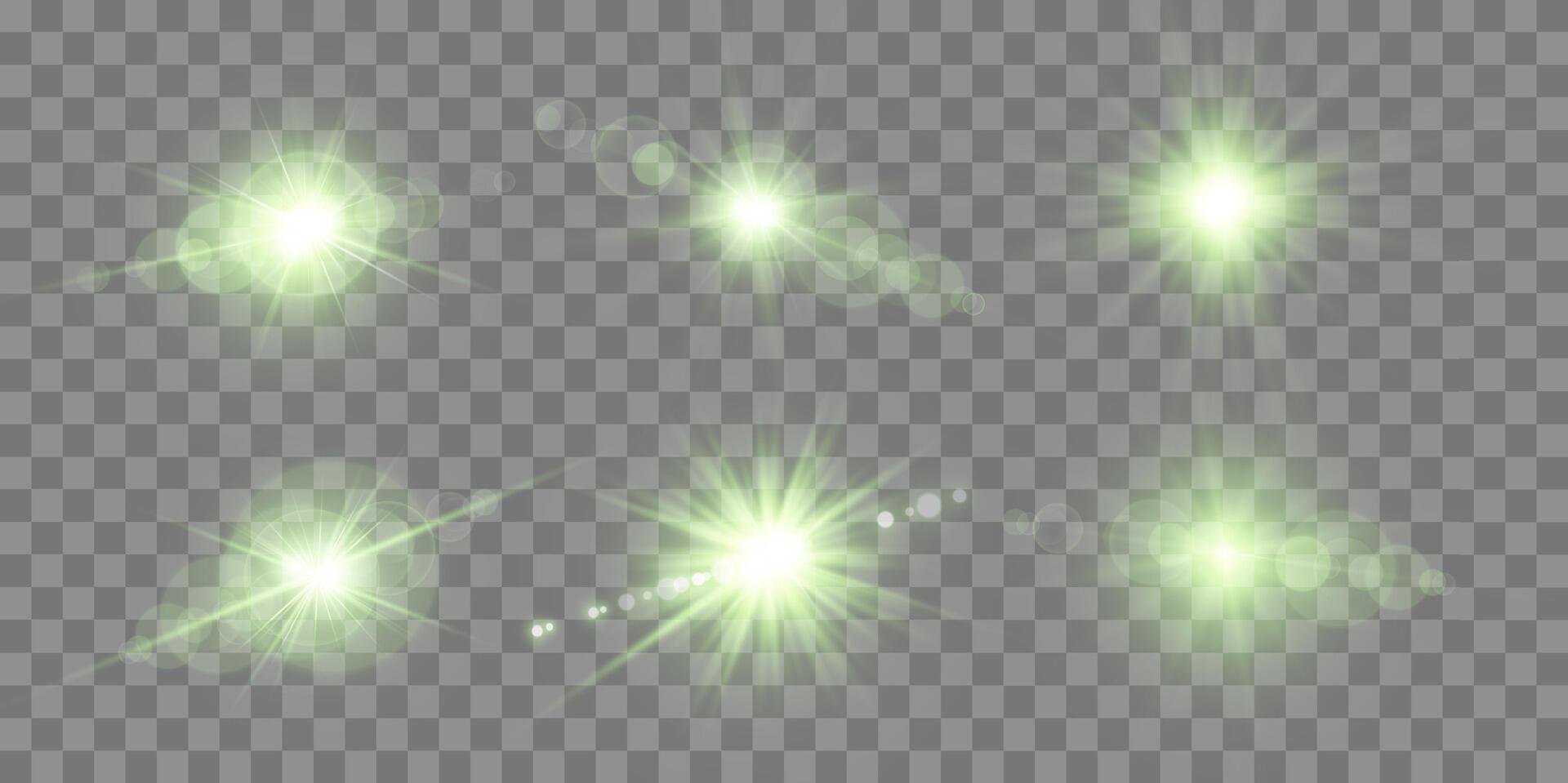 Green lens flares set. Sun flash with rays spotlight and bokeh. Green glow flare light effect. vector