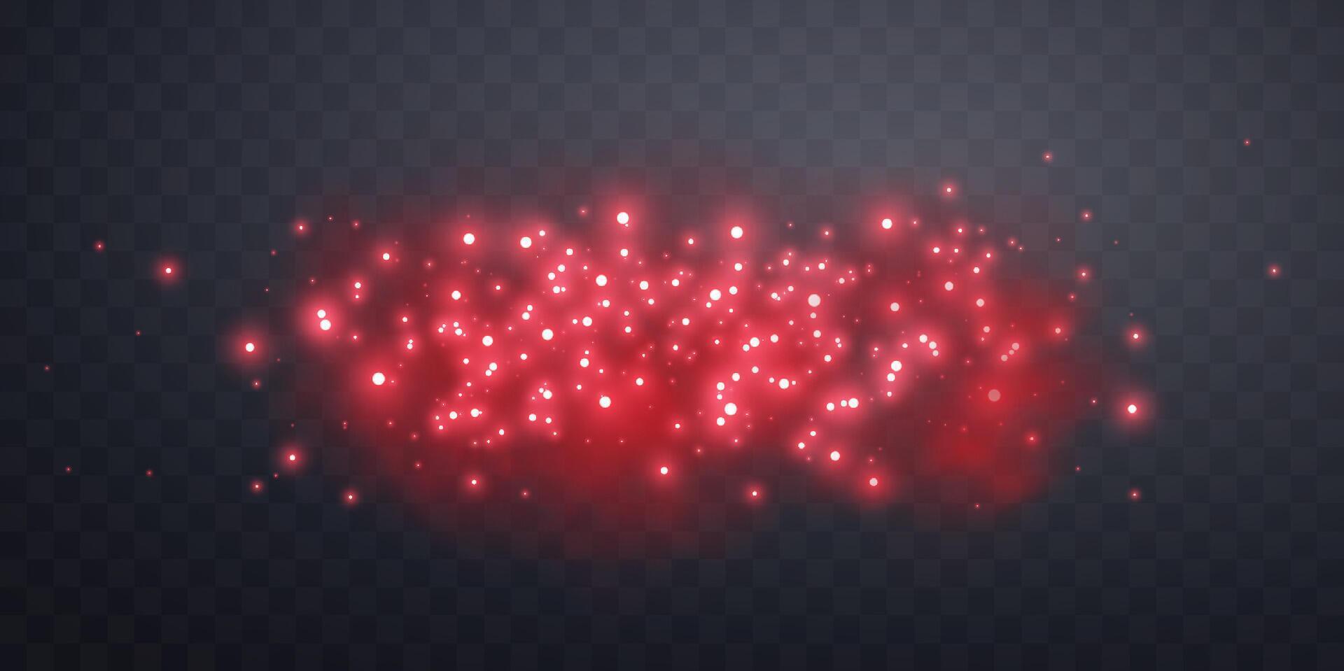 Red magic sparks and dust stars. Red glow flare light effect. Christmas light effect. vector