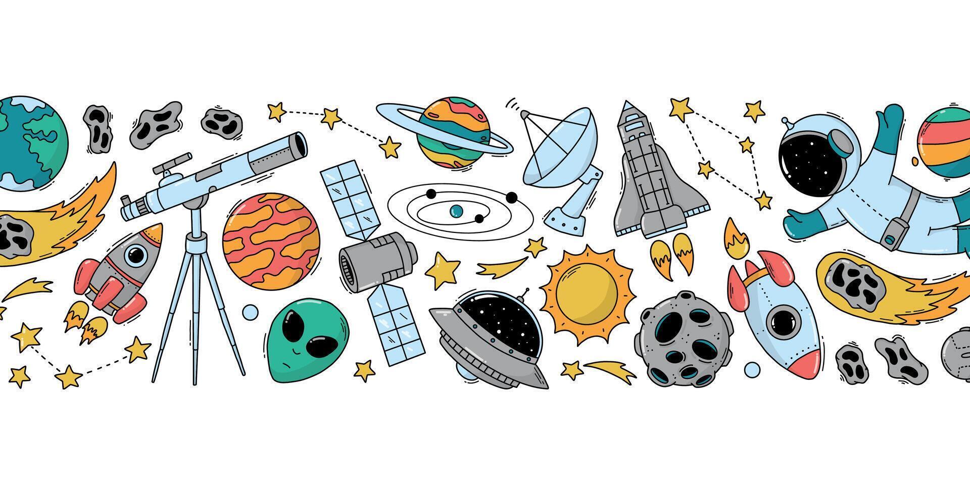 Space doodles horizontal border for prints, cards, posters, invitations, banners decor. EPS 10 vector