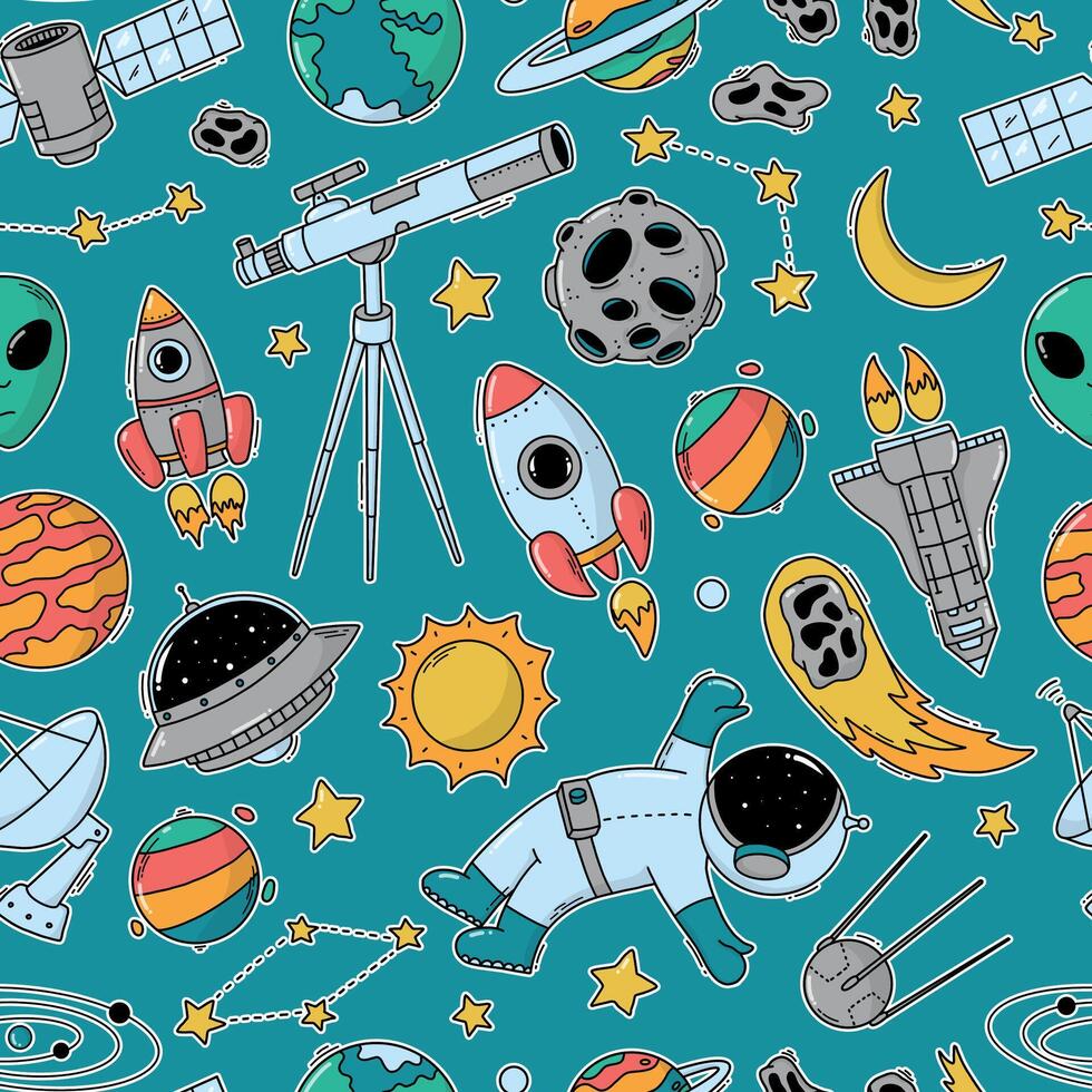 nursery outer space seamless pattern with cute doodles for wallpaper, scrapbooking, textile prints, stationery, wrapping paper, etc. EPS 10 vector