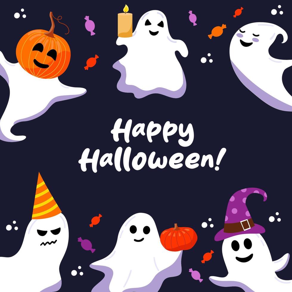 Halloween greeting card with cute ghosts. Holiday cartoon characters set on blue background. vector