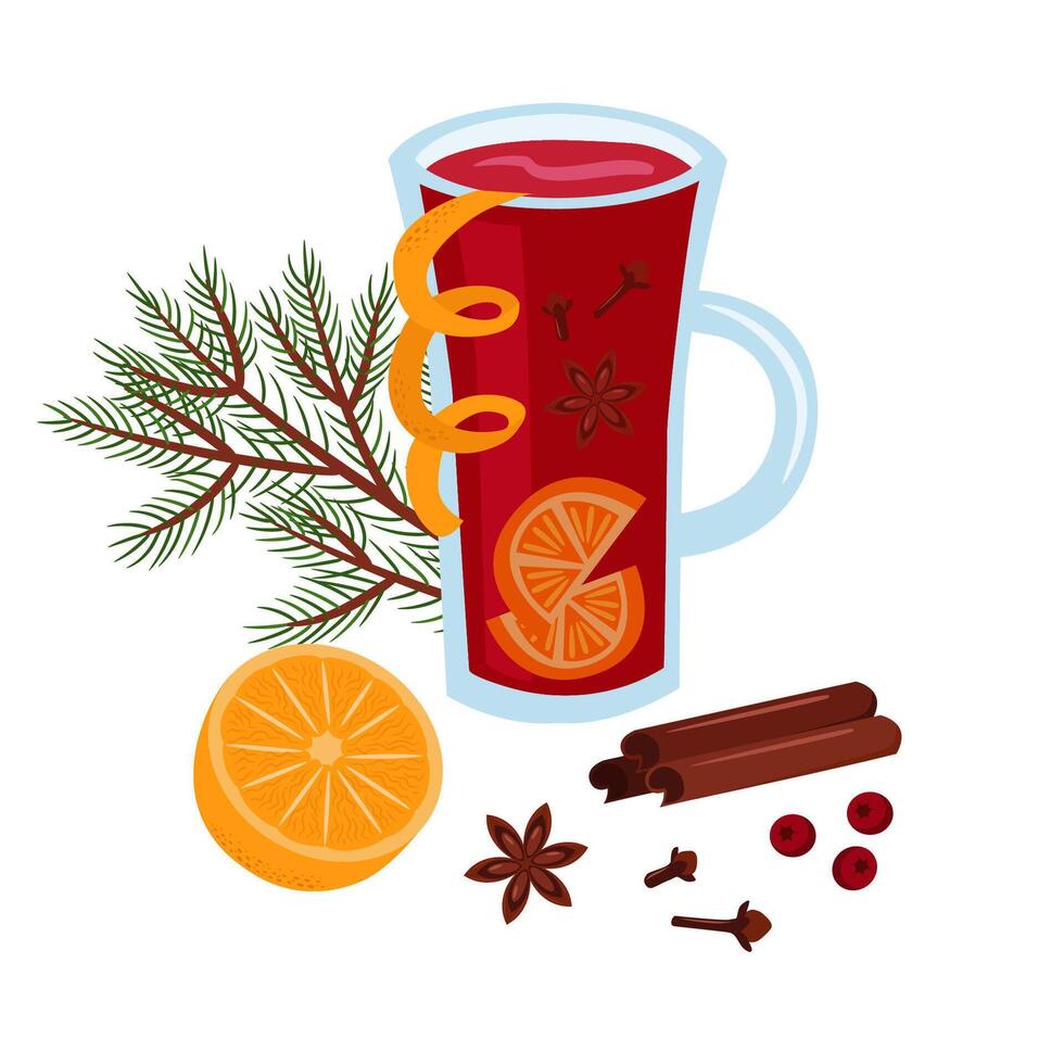 Glass with mulled wine. Winter hot drink, orange, spices. Composition of cur illustrte design elements. vector