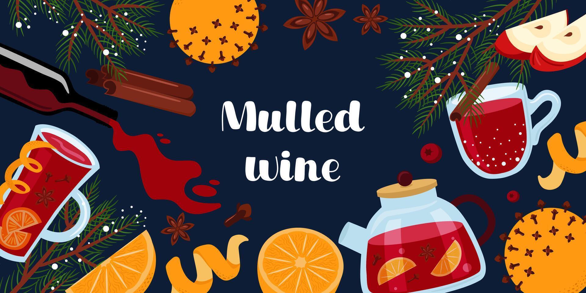 Mulled wine banner template. Christmas punch in various cups and glasses. Hot red wine with fruit and spice collection. vector