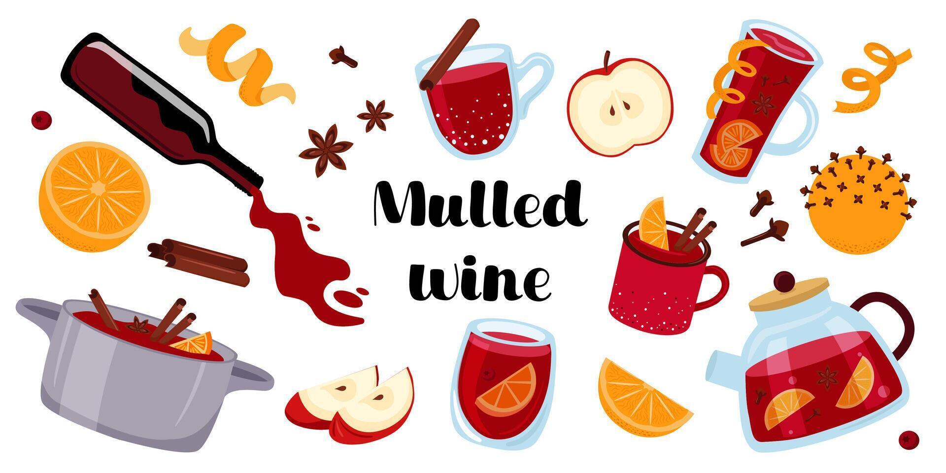 Stock mulled wine ingredients. Set with punch in glass, citrus fruit, spices. Illustration set. vector