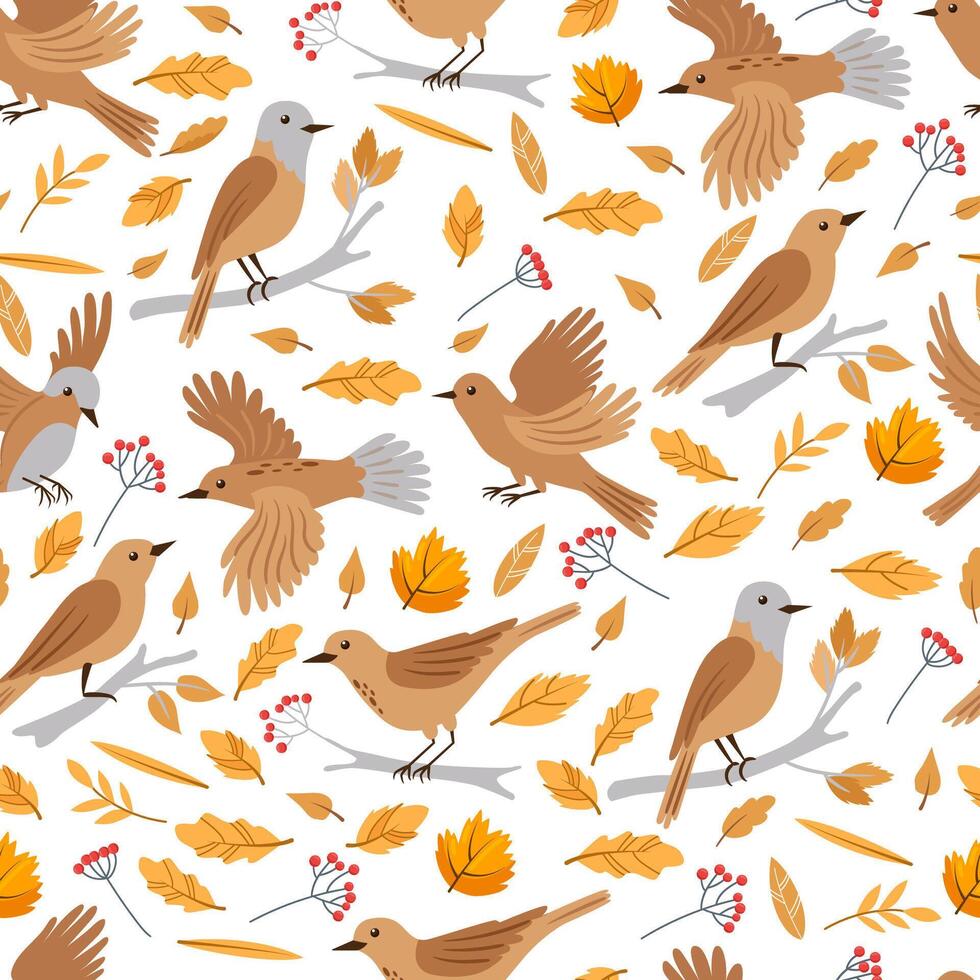 Forest birds seamless pattern. Birds and autumn leaves background. Print for packaging, wallpaper, textile. vector