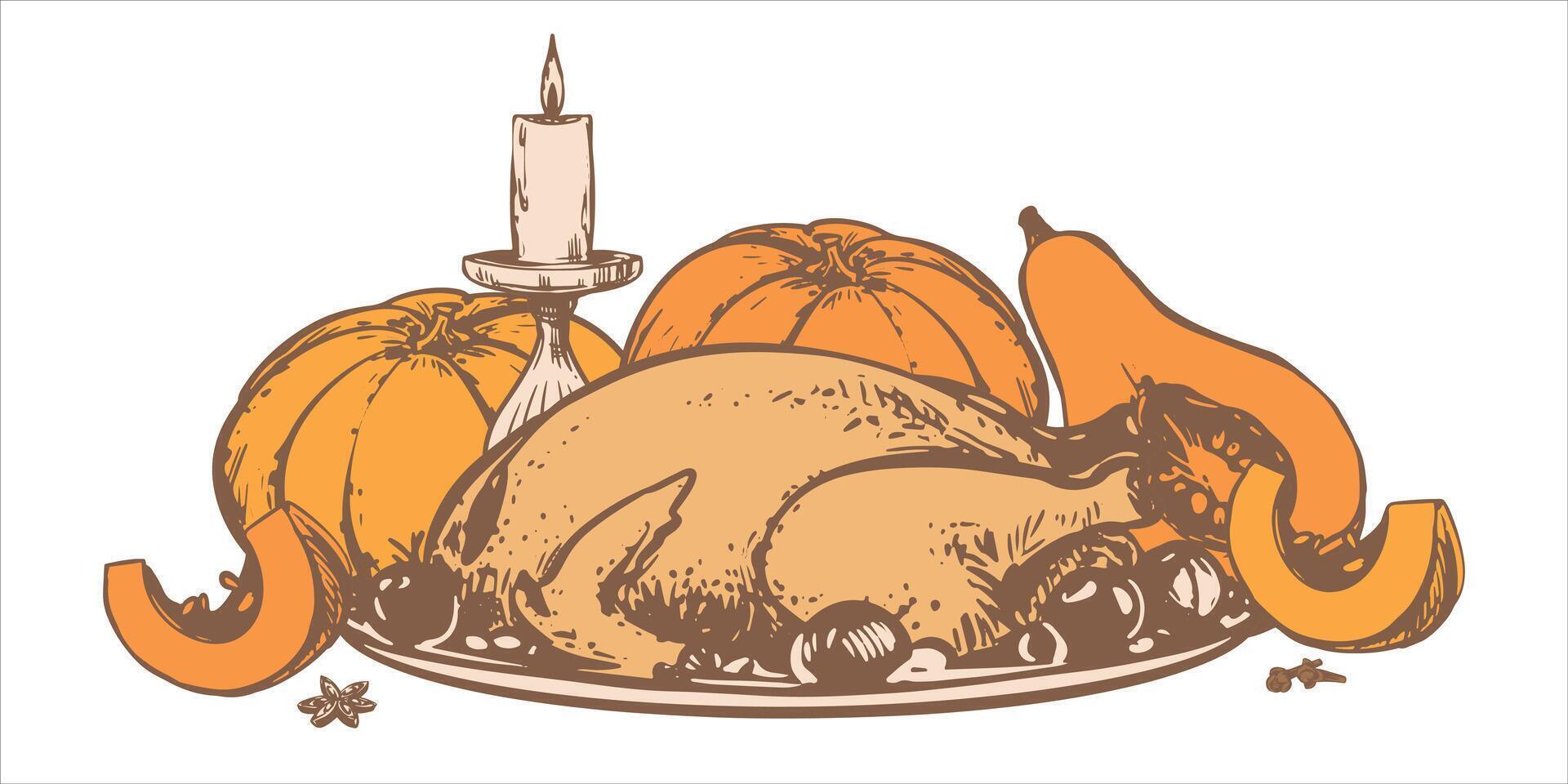 Hand drawn roasted turkey on a plate with vegetables and orange pumpkins. sketch in engraving style. Baked chicken with vegetables on a plate for a Thanksgiving party. Line art ink drawing. vector