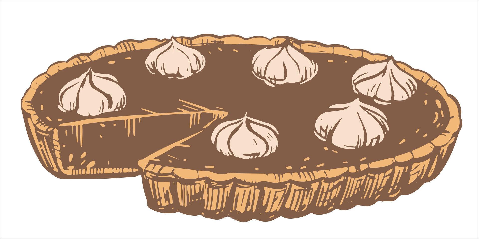 Autumn pumpkin pie with whipped cream. Traditional baking for Thanksgiving and Halloween. illustration in hand-drawn sketch style. Line art in ink. vector