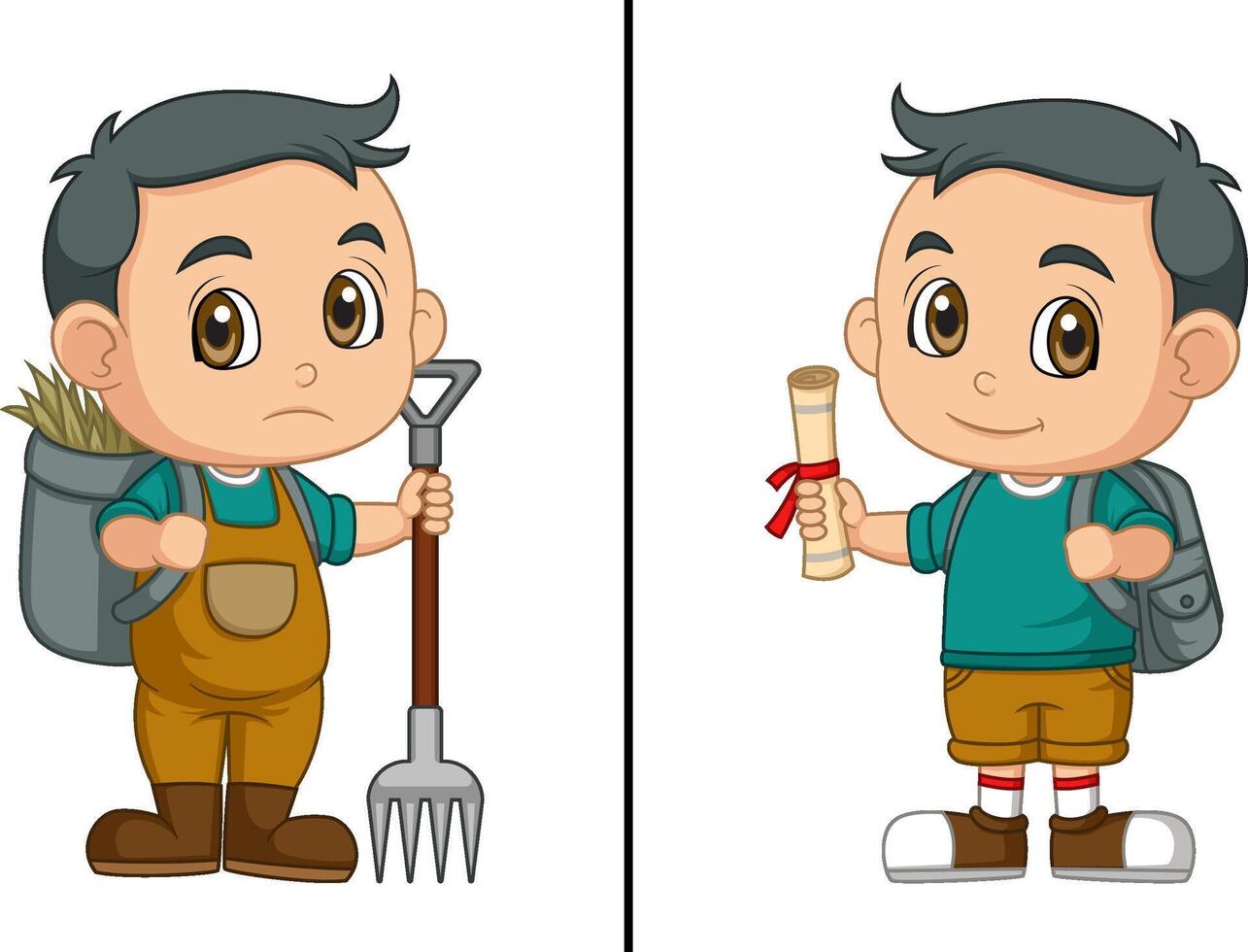 World Day Against Child Labor Concept With Child. Kids working on one side and on another side schoolboy holding diploma certificate vector