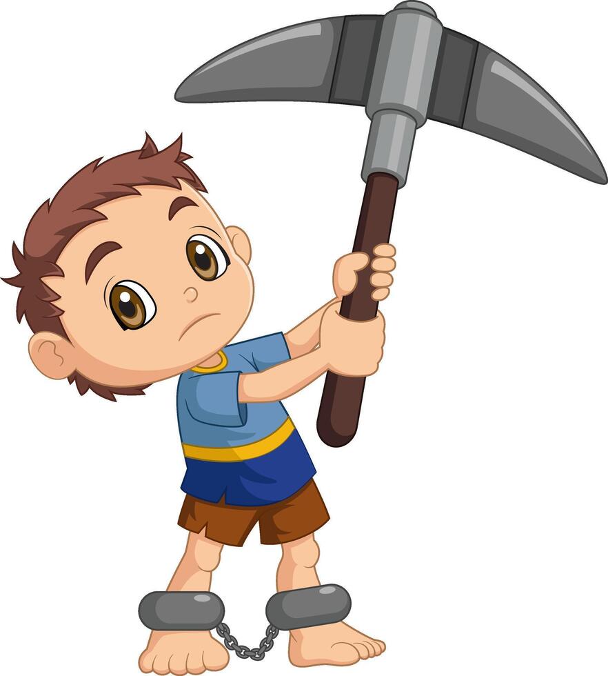World Day Against Child Labor Concept With Child. Kids working and holding pickaxe vector