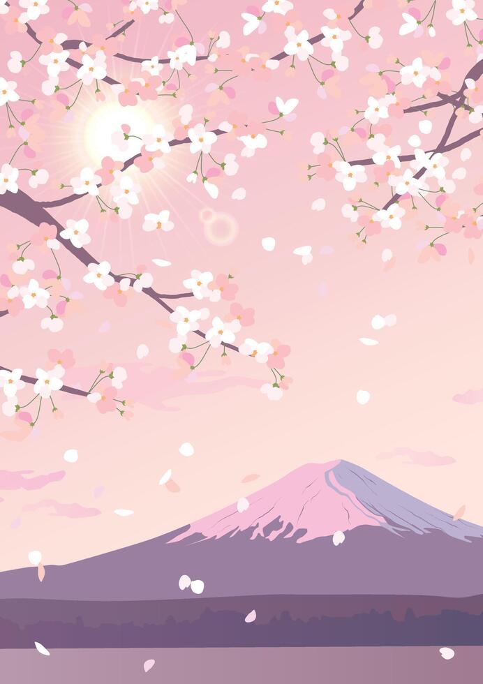 Flowering branch of cherry blossoms on the background of mount Fuji. A snowy mountain top in the sunlight. Realistic illustration of falling white petals. Morning spring landscape in Japan. vector