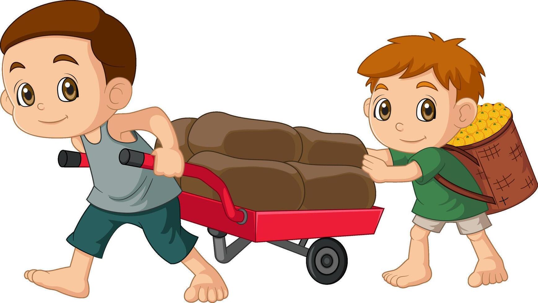 World Day Against Child Labor Concept With Child. two kids working and cart with sack vector