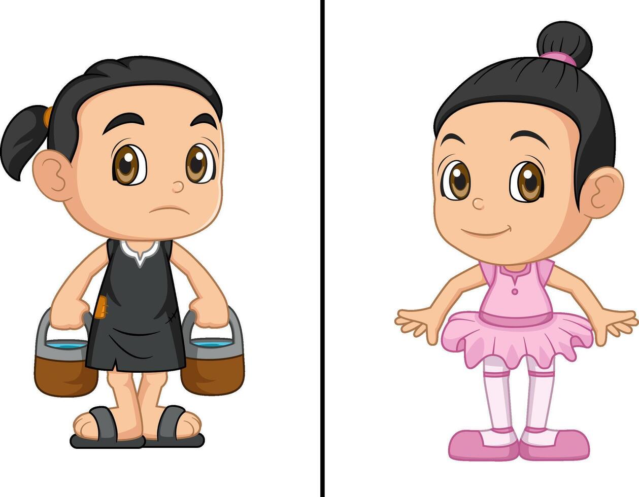 World Day Against Child Labor Concept With Child. Kids working on one side and on another side ballerina girl dancing vector