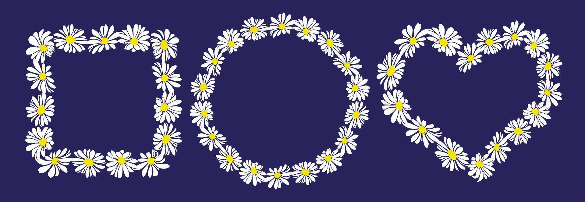 Daisy circle wreath frame set for card or invitations. Hand drawn summer flower romantic style, file for laser cuting. isolated on white background. vector